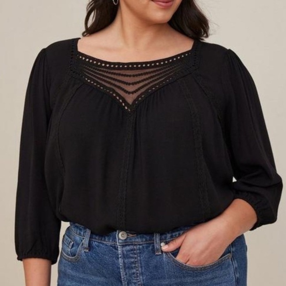 Torrid Black‎ Gauze Embroidered Crotchet Trim 3/4 Sleeve Pullover Blouse Top